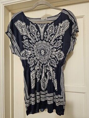 Boho-Print Navy Tunic Top with Elastic Waist